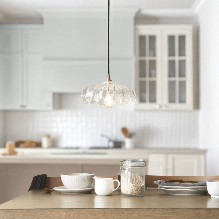 Endon 120752 Eltham & Camellia Pendant Clear Glass, Brushed Aged Brass Plate & Black Braided Flex