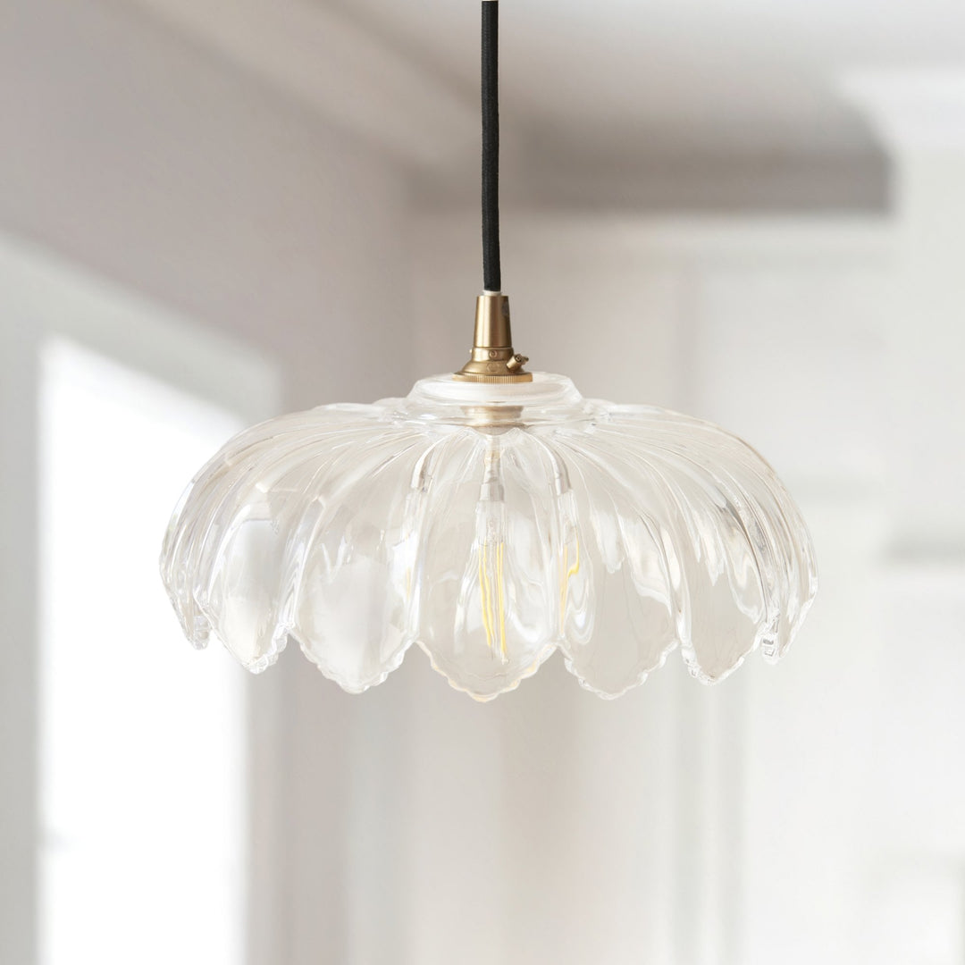 Endon 120752 Eltham & Camellia Pendant Clear Glass, Brushed Aged Brass Plate & Black Braided Flex