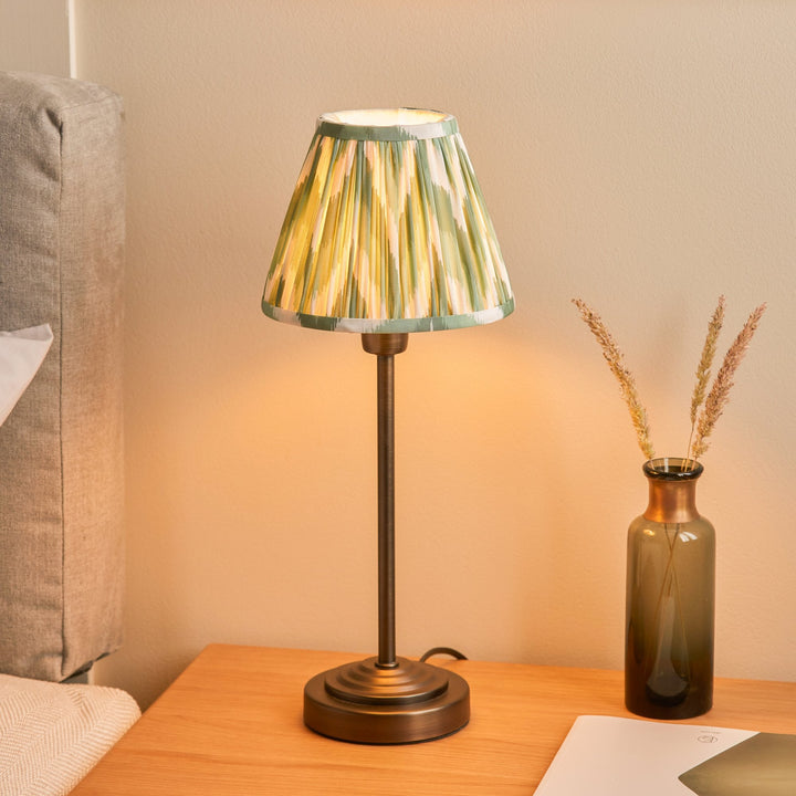 Endon 120756 Rise & Zigzag 16cm Table Lamp Antique Bronze Plate & Cotswold Green Fabric