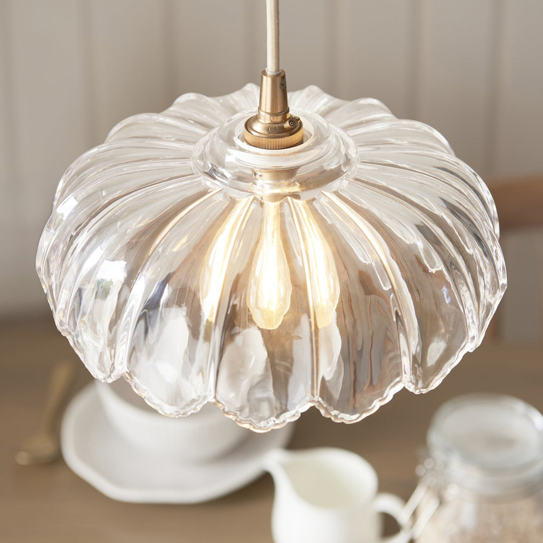 Endon 121005 Eltham & Camellia Pendant Clear Glass & Brushed Aged Brass With Natural Braided Cable
