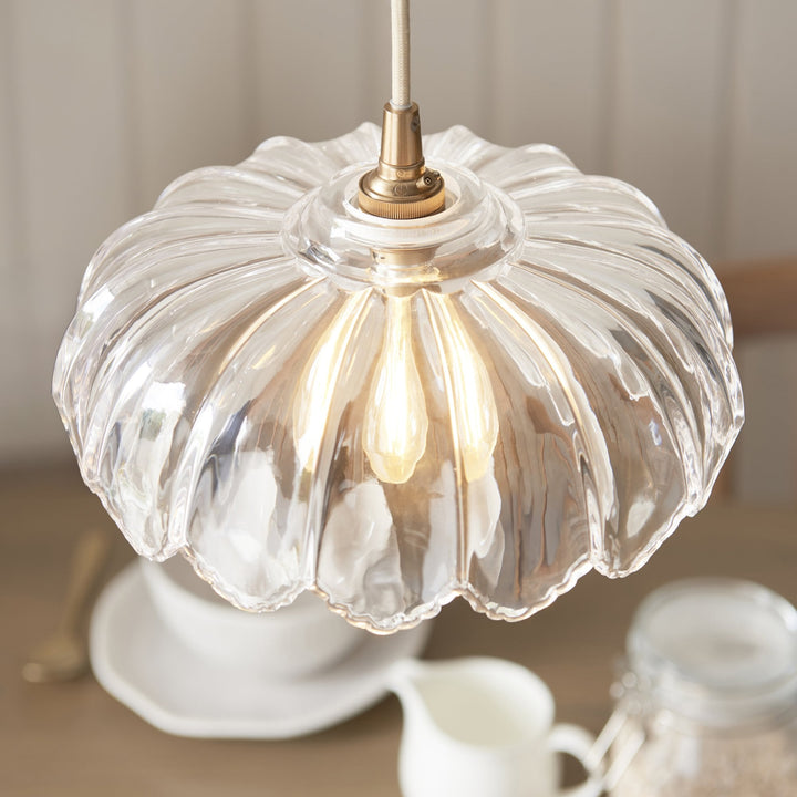 Endon 121005 Eltham & Camellia Pendant Clear Glass & Brushed Aged Brass With Natural Braided Cable
