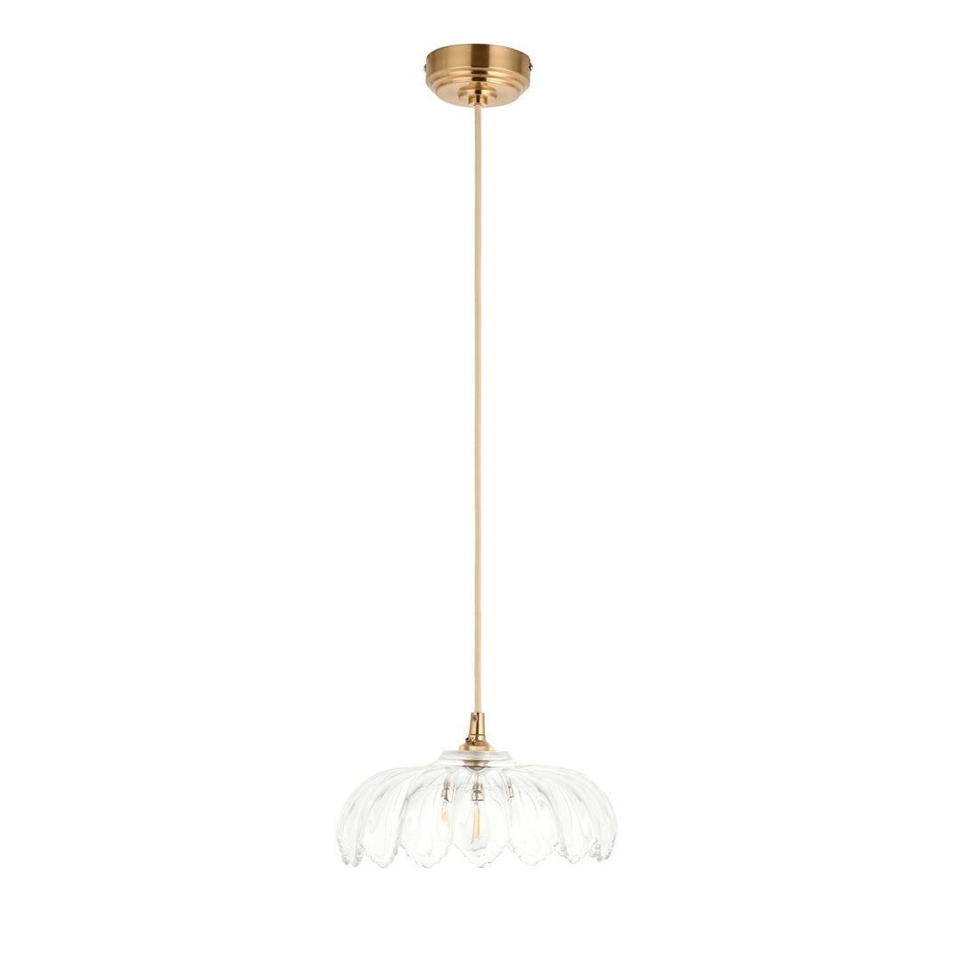 Endon 121005 Eltham & Camellia Pendant Clear Glass & Brushed Aged Brass With Natural Braided Cable
