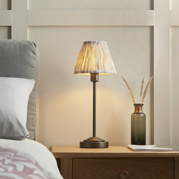 Endon 121006 Rise & Ikat 16cm Table Lamp Antique Bronze Plate & Neutral Print Fabric