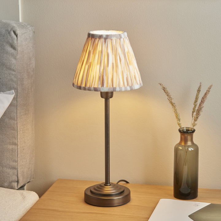 Endon 121006 Rise & Ikat 16cm Table Lamp Antique Bronze Plate & Neutral Print Fabric