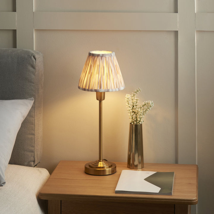 Endon 121014 Rise & Ikat 16cm Table Lamp Vintage Brass Finish & Neutral Print Fabric
