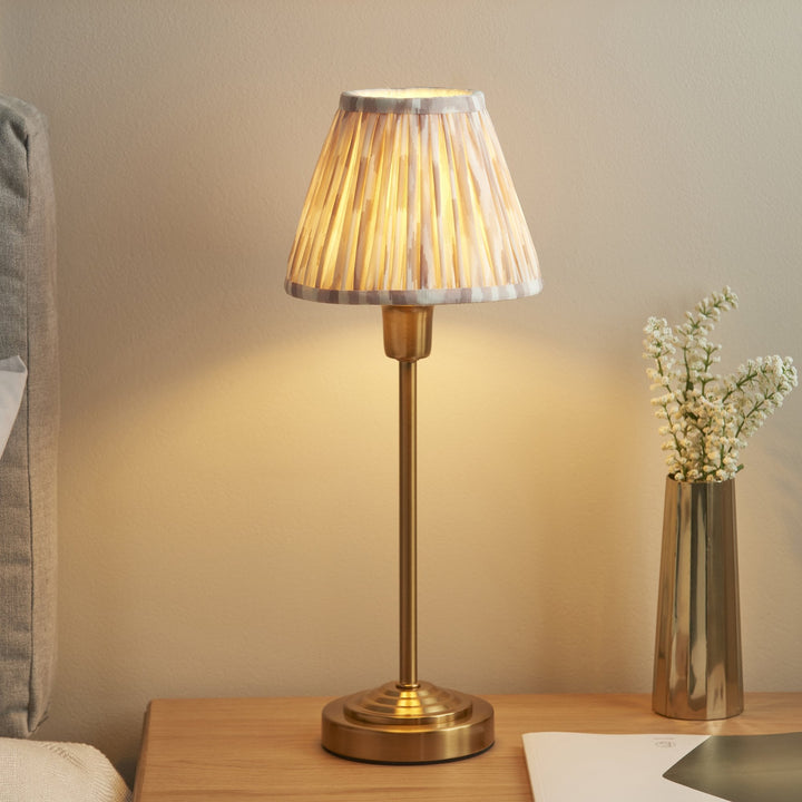 Endon 121014 Rise & Ikat 16cm Table Lamp Vintage Brass Finish & Neutral Print Fabric