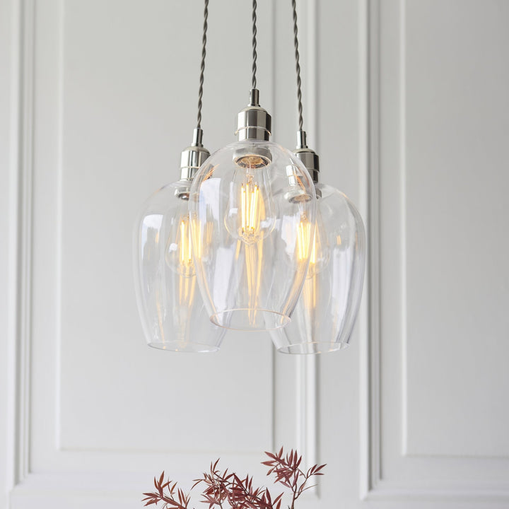 Endon 120644 3 Light Pendant Bright Nickel Plate & Clear Glass