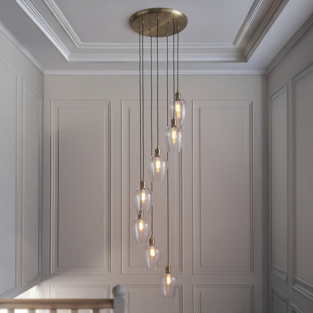 Endon 120646 7 Light Pendant Antique Brass Plate & Clear Glass