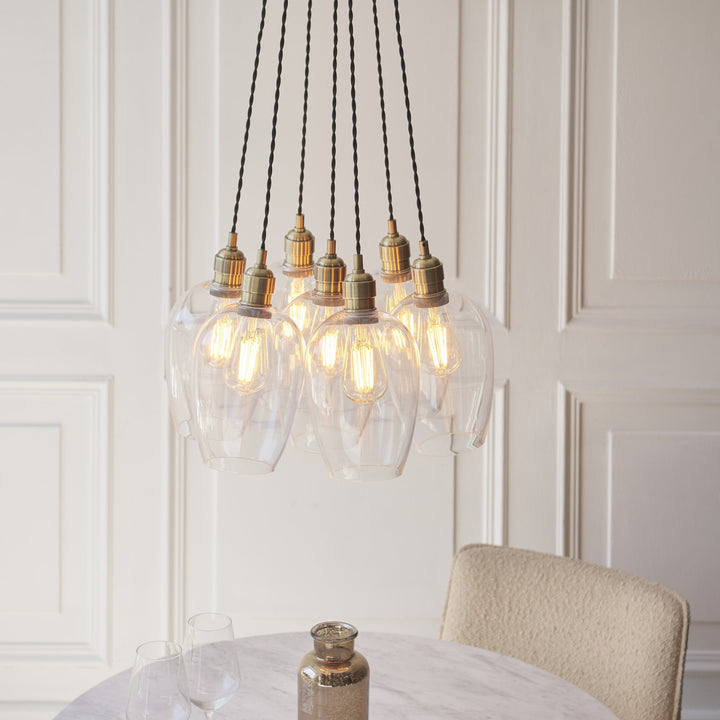 Endon 120647 7 Light Pendant Antique Brass Plate & Clear Glass