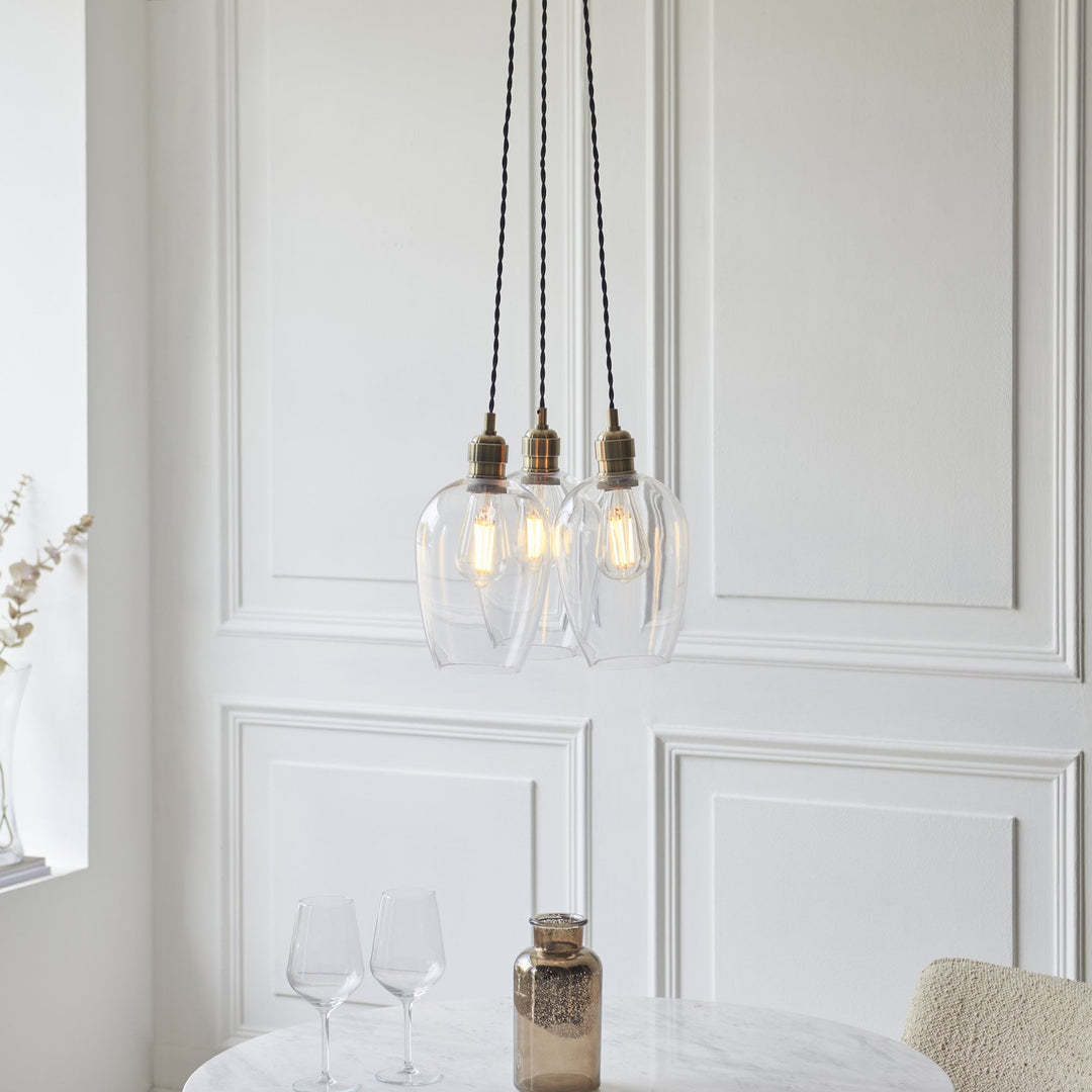 Endon 120648 3 Light Pendant Antique Brass Plate & Clear Glass