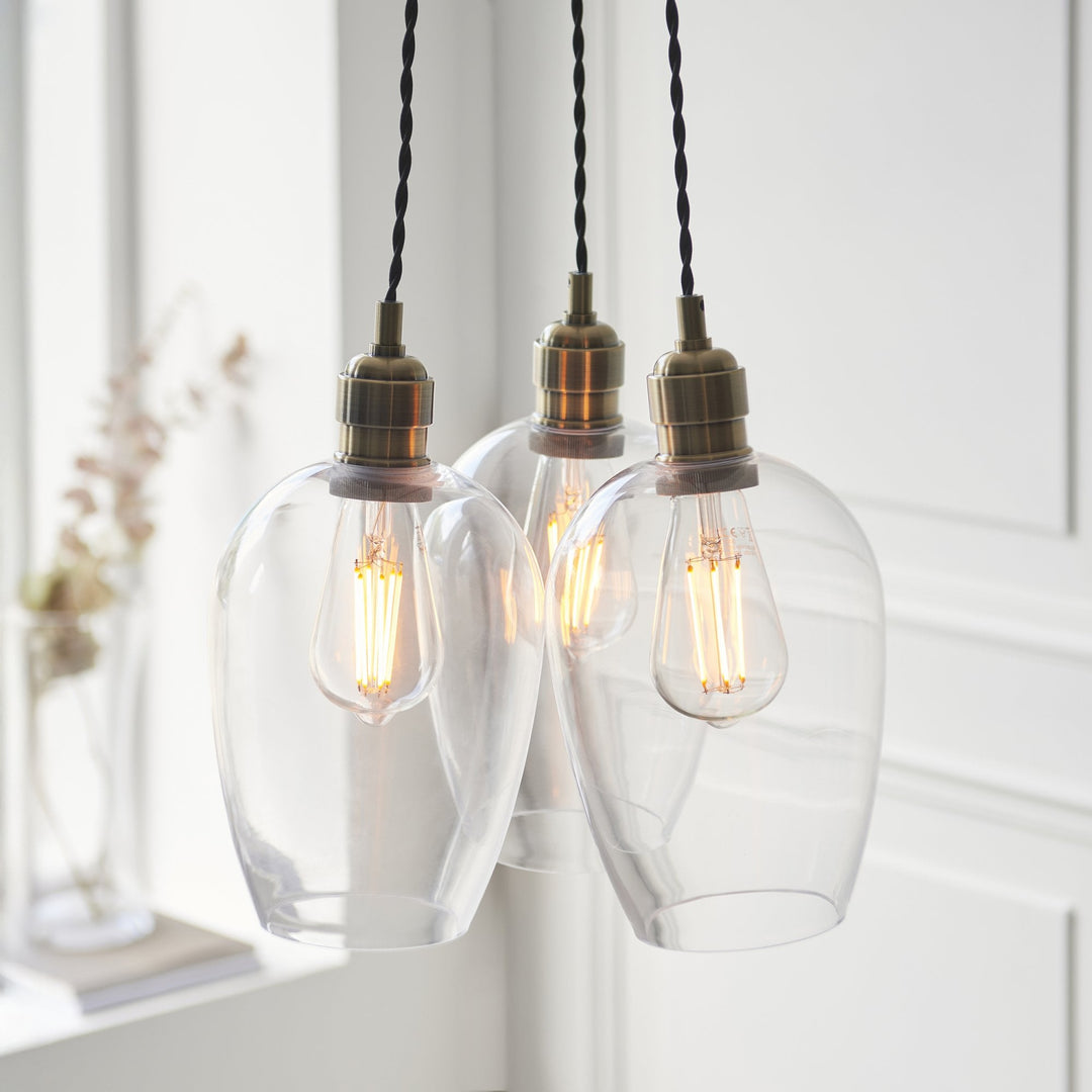 Endon 120648 3 Light Pendant Antique Brass Plate & Clear Glass
