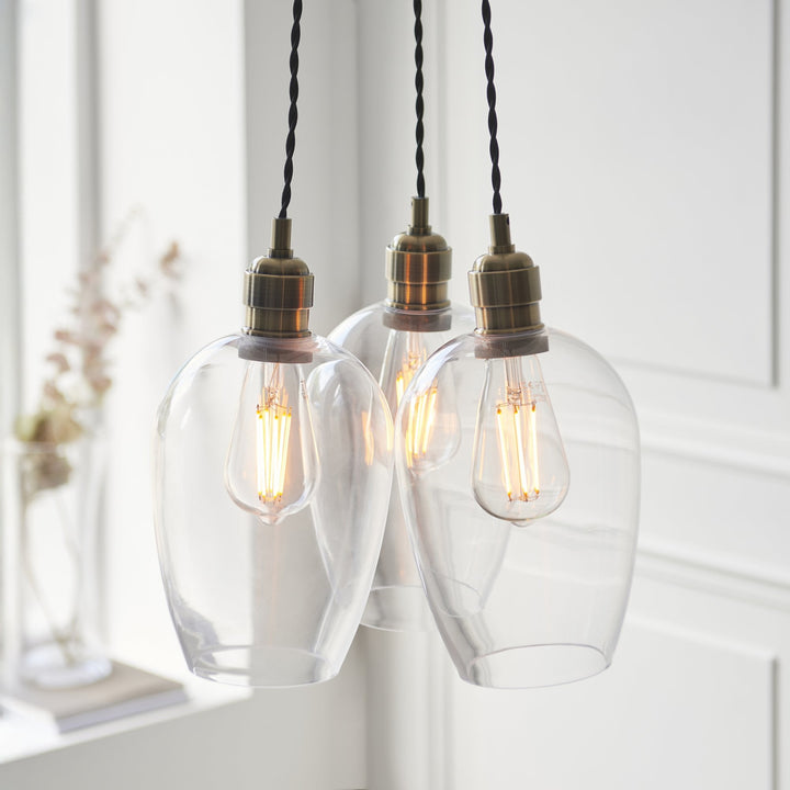 Endon 120648 3 Light Pendant Antique Brass Plate & Clear Glass