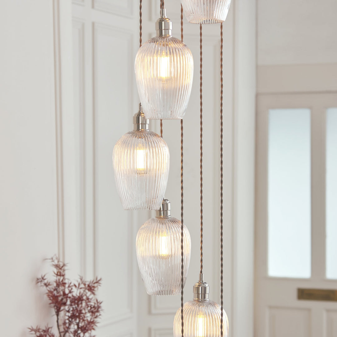 Endon 120649 13 Light Pendant Bright Nickel Plate & Clear Ribbed Glass