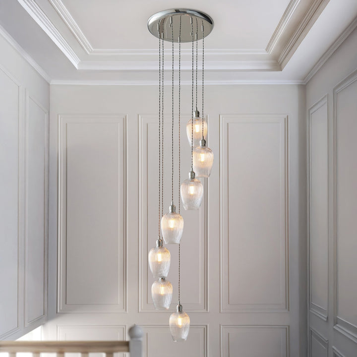 Endon 120650 7 Light Pendant Bright Nickel Plate & Clear Ribbed Glass