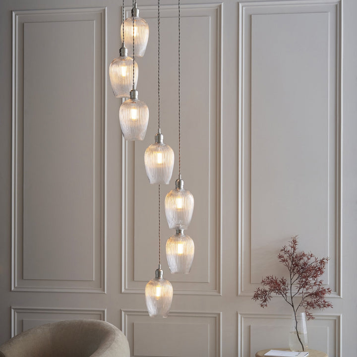 Endon 120650 7 Light Pendant Bright Nickel Plate & Clear Ribbed Glass