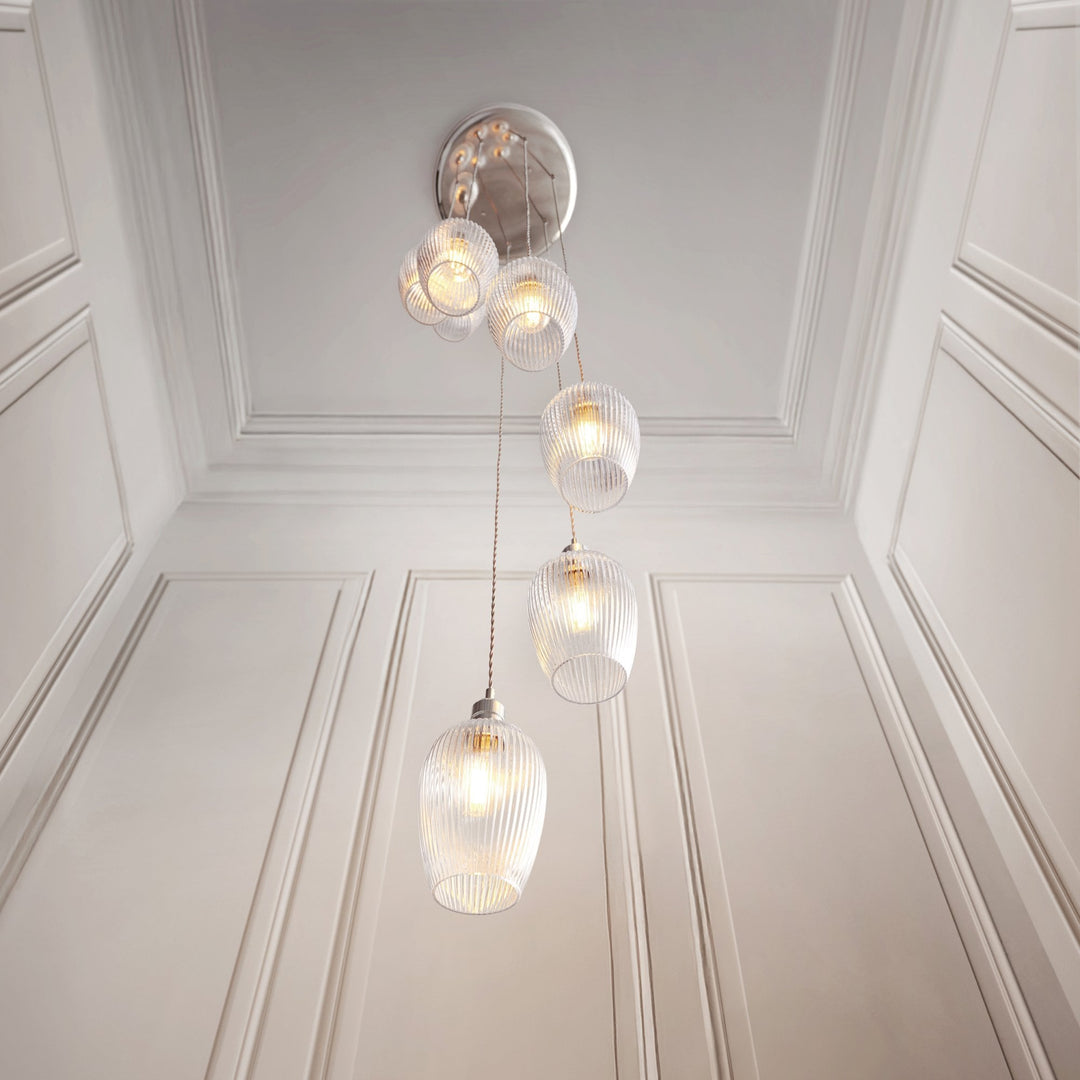 Endon 120650 7 Light Pendant Bright Nickel Plate & Clear Ribbed Glass