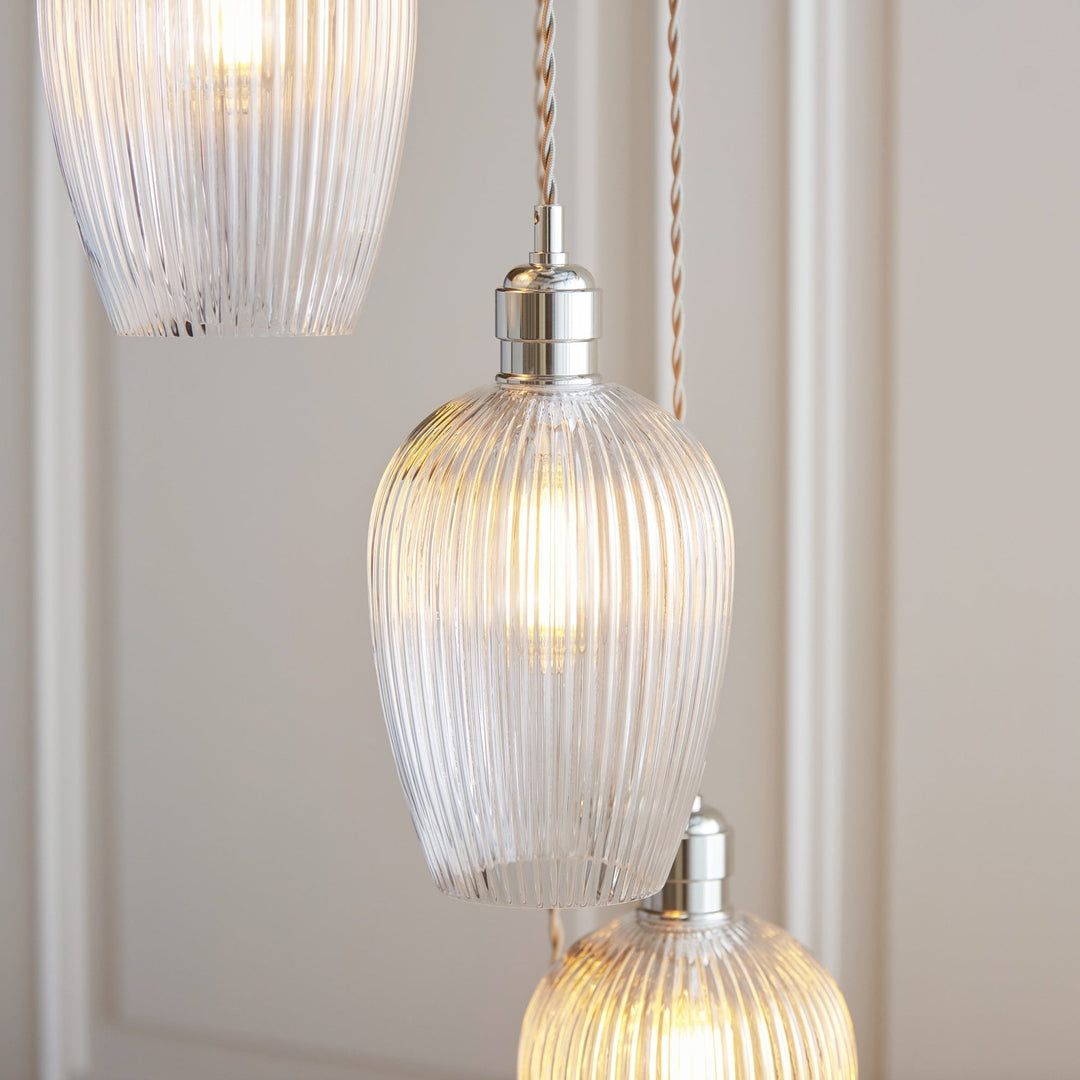 Endon 120650 7 Light Pendant Bright Nickel Plate & Clear Ribbed Glass