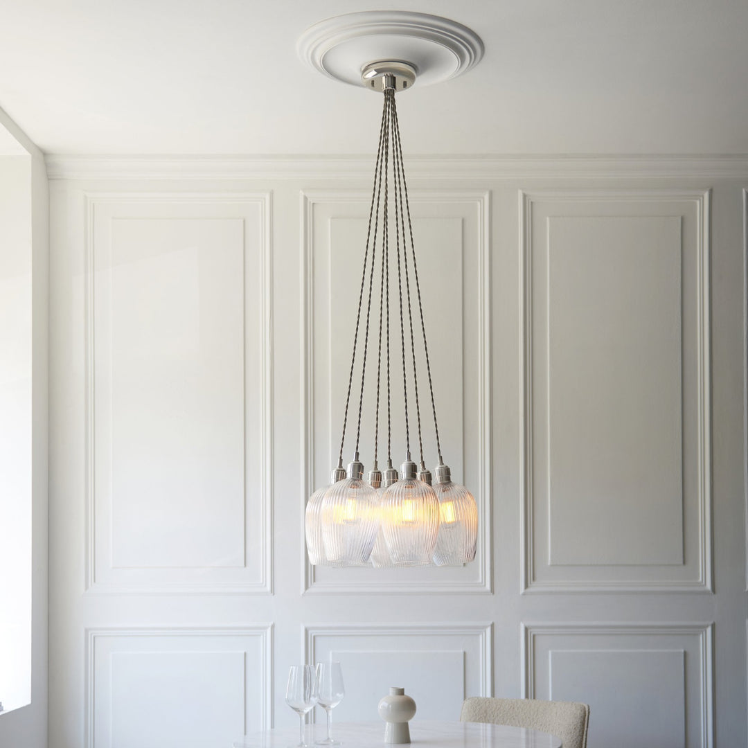 Endon 120651 7 Light Pendant Bright Nickel Plate & Clear Ribbed Glass