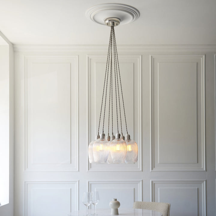Endon 120651 7 Light Pendant Bright Nickel Plate & Clear Ribbed Glass