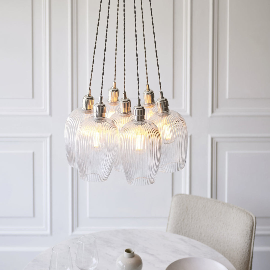 Endon 120651 7 Light Pendant Bright Nickel Plate & Clear Ribbed Glass