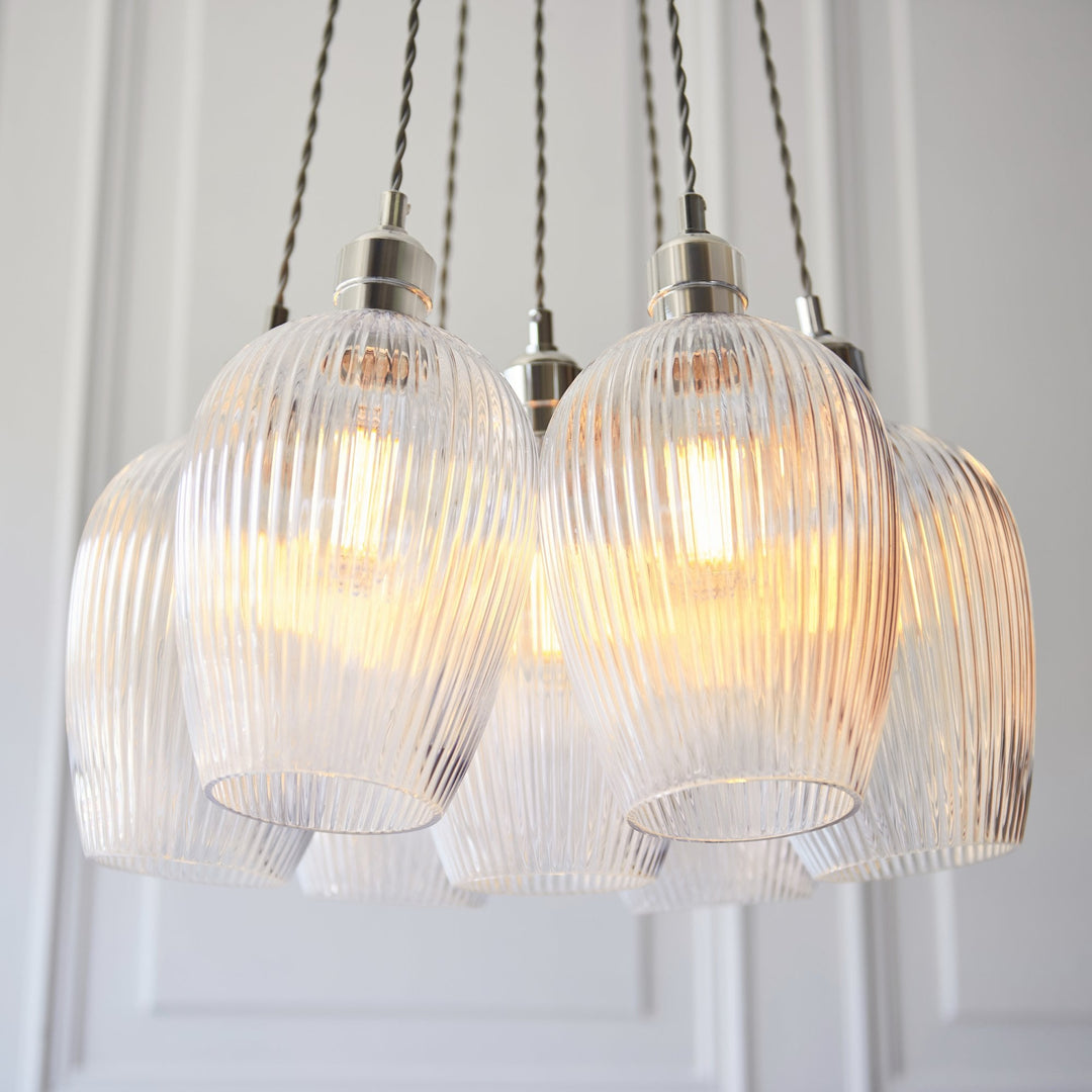 Endon 120651 7 Light Pendant Bright Nickel Plate & Clear Ribbed Glass