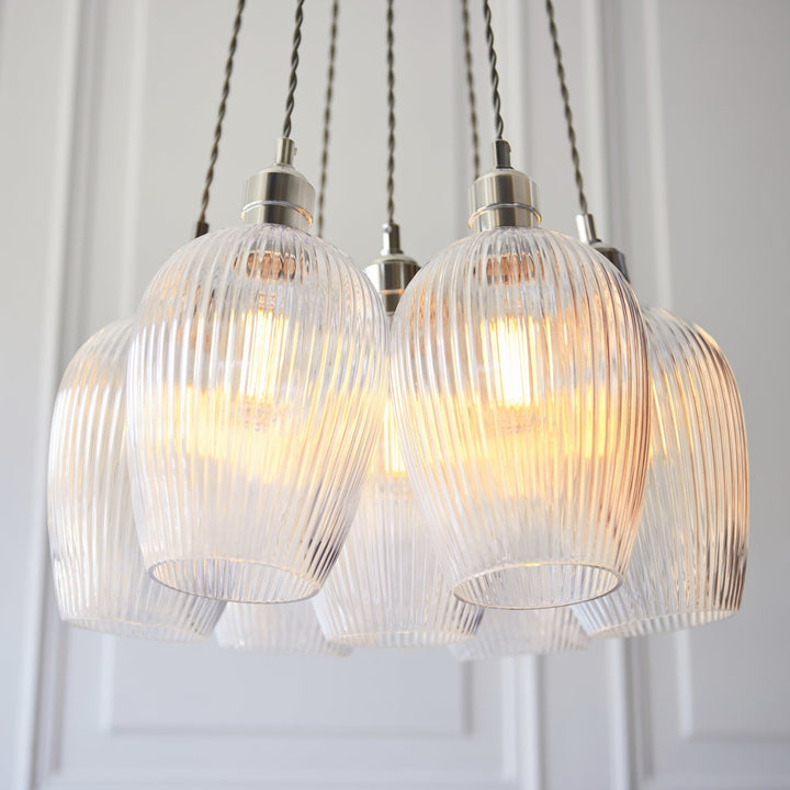Endon 120651 7 Light Pendant Bright Nickel Plate & Clear Ribbed Glass