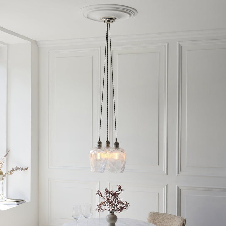 Endon 120652 3 Light Pendant Bright Nickel Plate & Clear Ribbed Glass