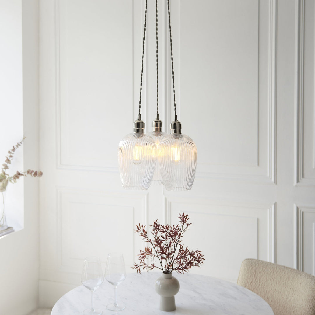Endon 120652 3 Light Pendant Bright Nickel Plate & Clear Ribbed Glass