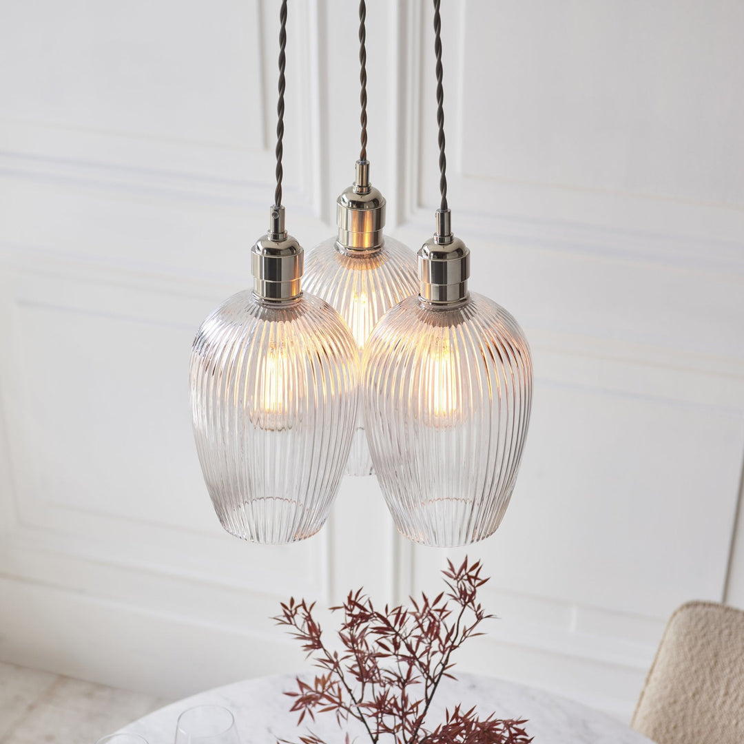 Endon 120652 3 Light Pendant Bright Nickel Plate & Clear Ribbed Glass