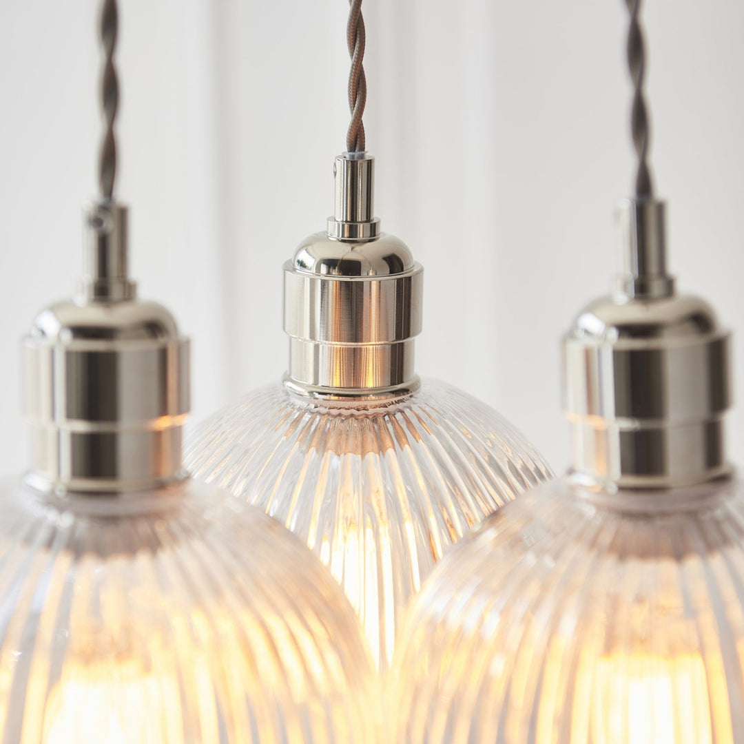 Endon 120652 3 Light Pendant Bright Nickel Plate & Clear Ribbed Glass