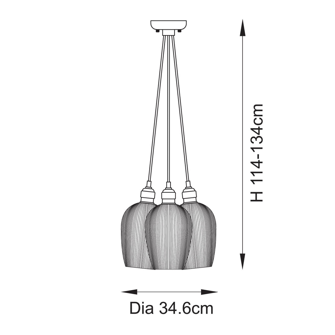 Endon 120652 3 Light Pendant Bright Nickel Plate & Clear Ribbed Glass