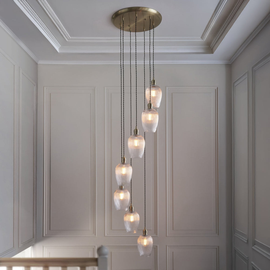 Endon 120654 7 Light Pendant Antique Brass Plate & Clear Ribbed Glass