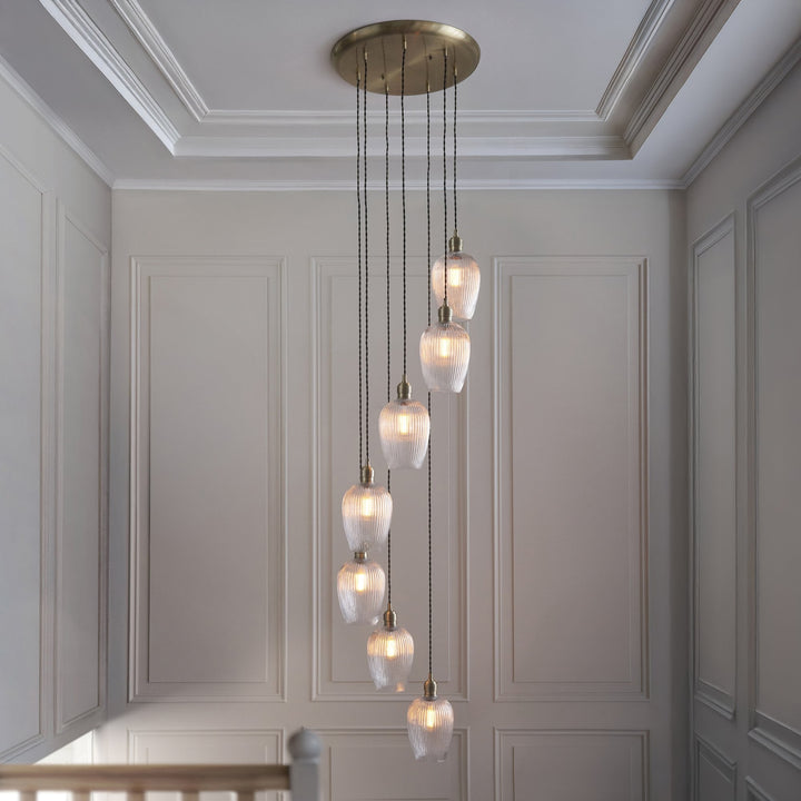 Endon 120654 7 Light Pendant Antique Brass Plate & Clear Ribbed Glass