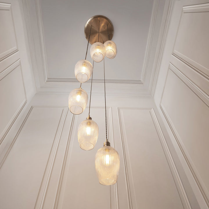Endon 120654 7 Light Pendant Antique Brass Plate & Clear Ribbed Glass
