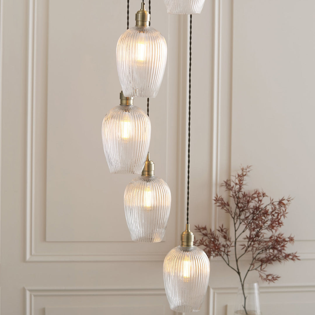 Endon 120654 7 Light Pendant Antique Brass Plate & Clear Ribbed Glass