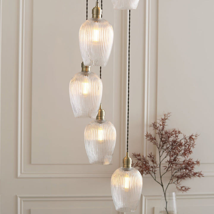 Endon 120654 7 Light Pendant Antique Brass Plate & Clear Ribbed Glass