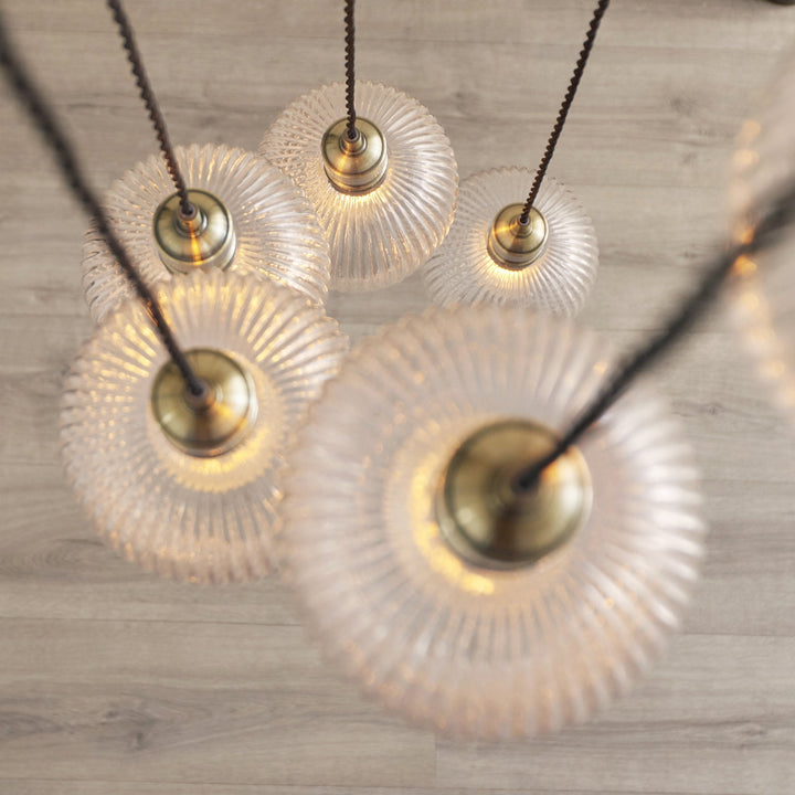 Endon 120654 7 Light Pendant Antique Brass Plate & Clear Ribbed Glass