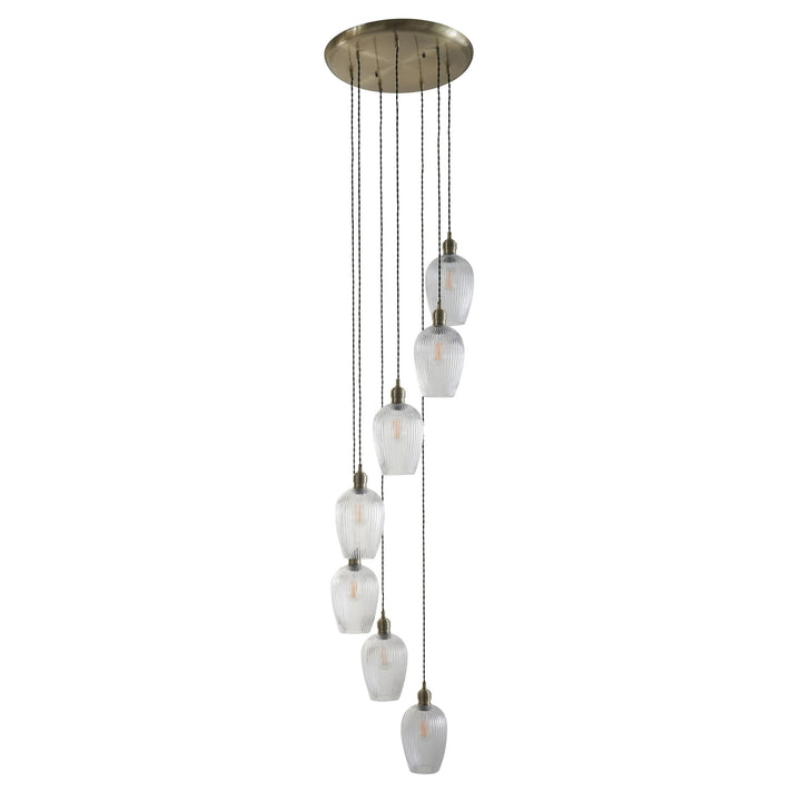 Endon 120654 7 Light Pendant Antique Brass Plate & Clear Ribbed Glass