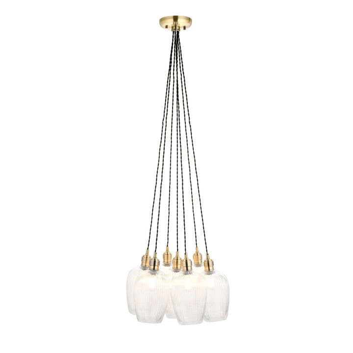 Endon 120655 7 Light Pendant Antique Brass Plate & Clear Ribbed Glass