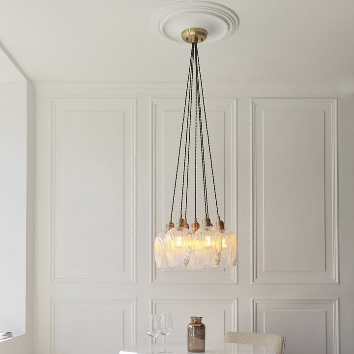 Endon 120655 7 Light Pendant Antique Brass Plate & Clear Ribbed Glass