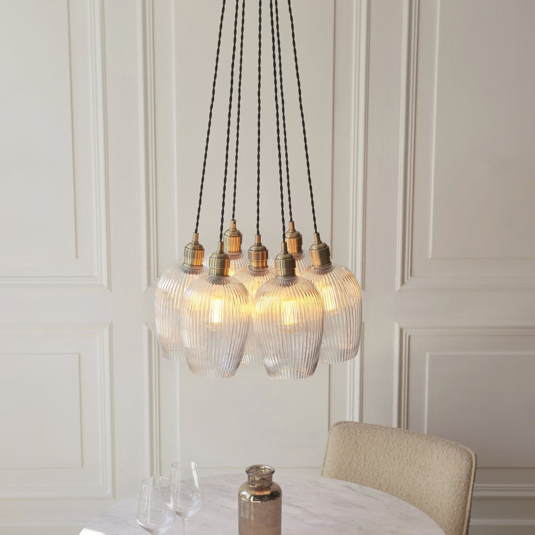 Endon 120655 7 Light Pendant Antique Brass Plate & Clear Ribbed Glass