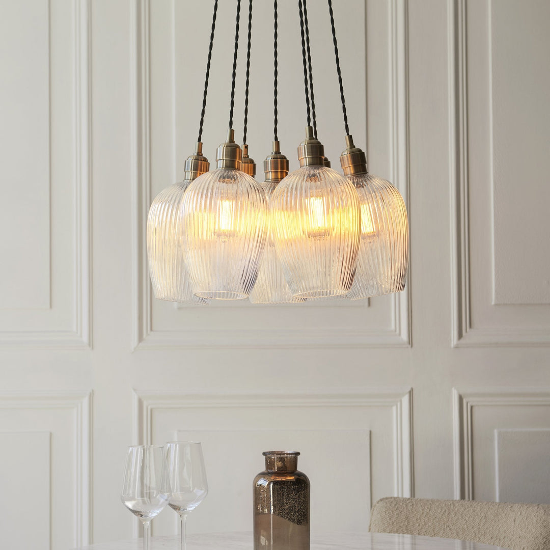 Endon 120655 7 Light Pendant Antique Brass Plate & Clear Ribbed Glass