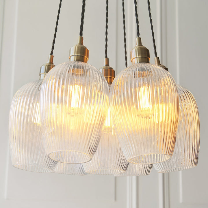 Endon 120655 7 Light Pendant Antique Brass Plate & Clear Ribbed Glass
