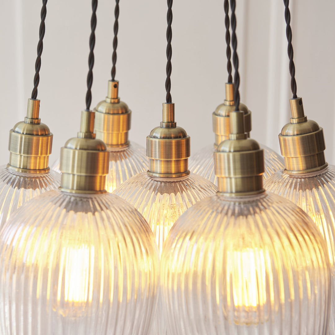 Endon 120655 7 Light Pendant Antique Brass Plate & Clear Ribbed Glass