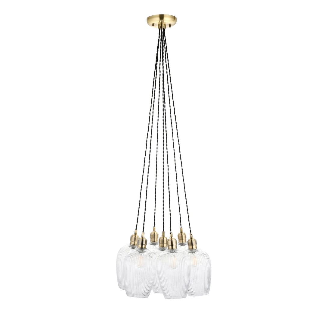 Endon 120655 7 Light Pendant Antique Brass Plate & Clear Ribbed Glass