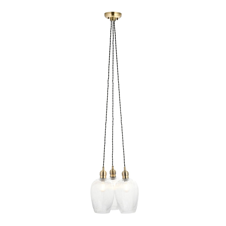 Endon 120656 3 Light Pendant Antique Brass Plate & Clear Ribbed Glass