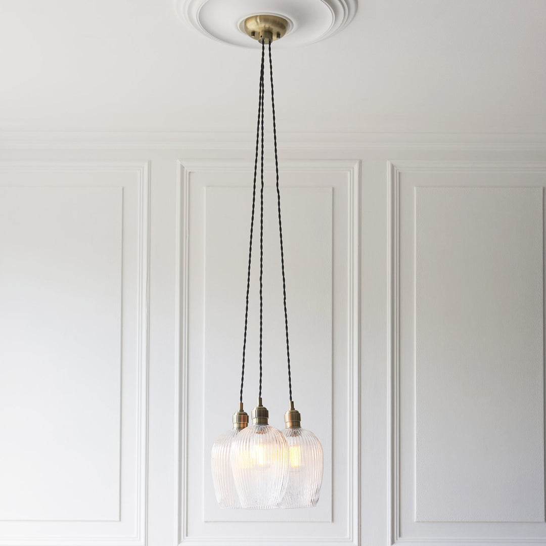 Endon 120656 3 Light Pendant Antique Brass Plate & Clear Ribbed Glass