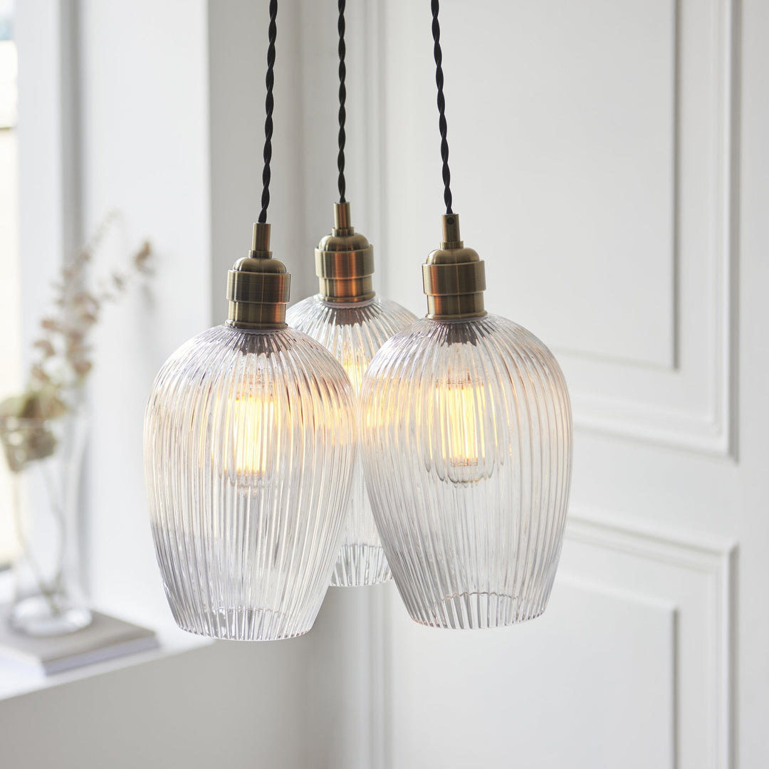 Endon 120656 3 Light Pendant Antique Brass Plate & Clear Ribbed Glass
