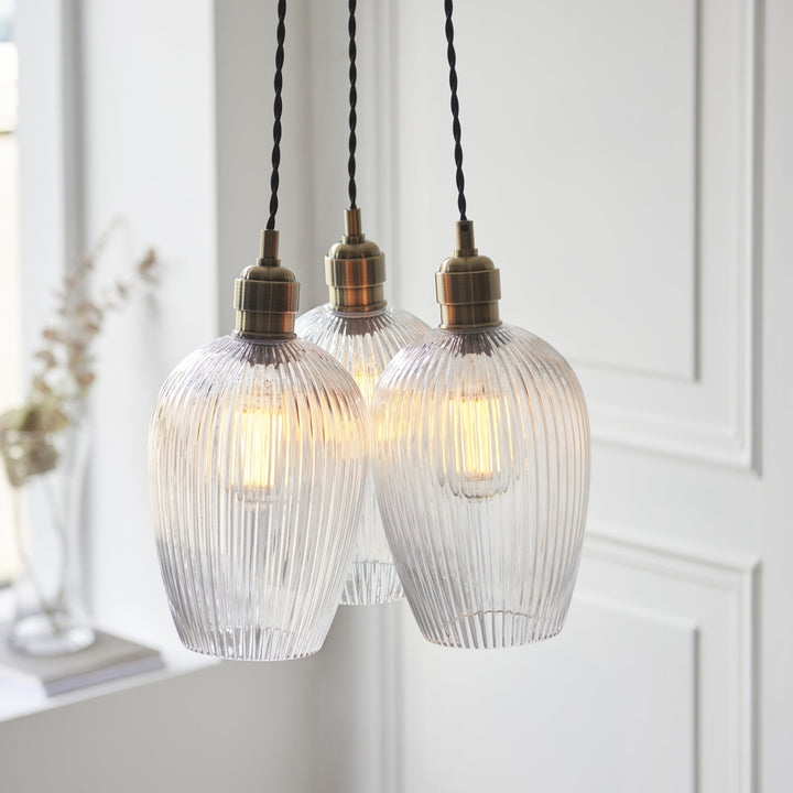 Endon 120656 3 Light Pendant Antique Brass Plate & Clear Ribbed Glass