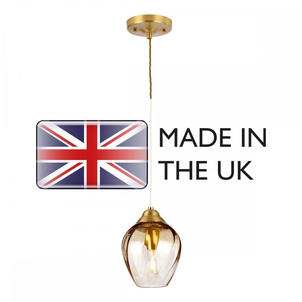 Elstead TIBER-P-AMBER Tiber 1 Light Pendant Brushed Brass/ Amber Glass